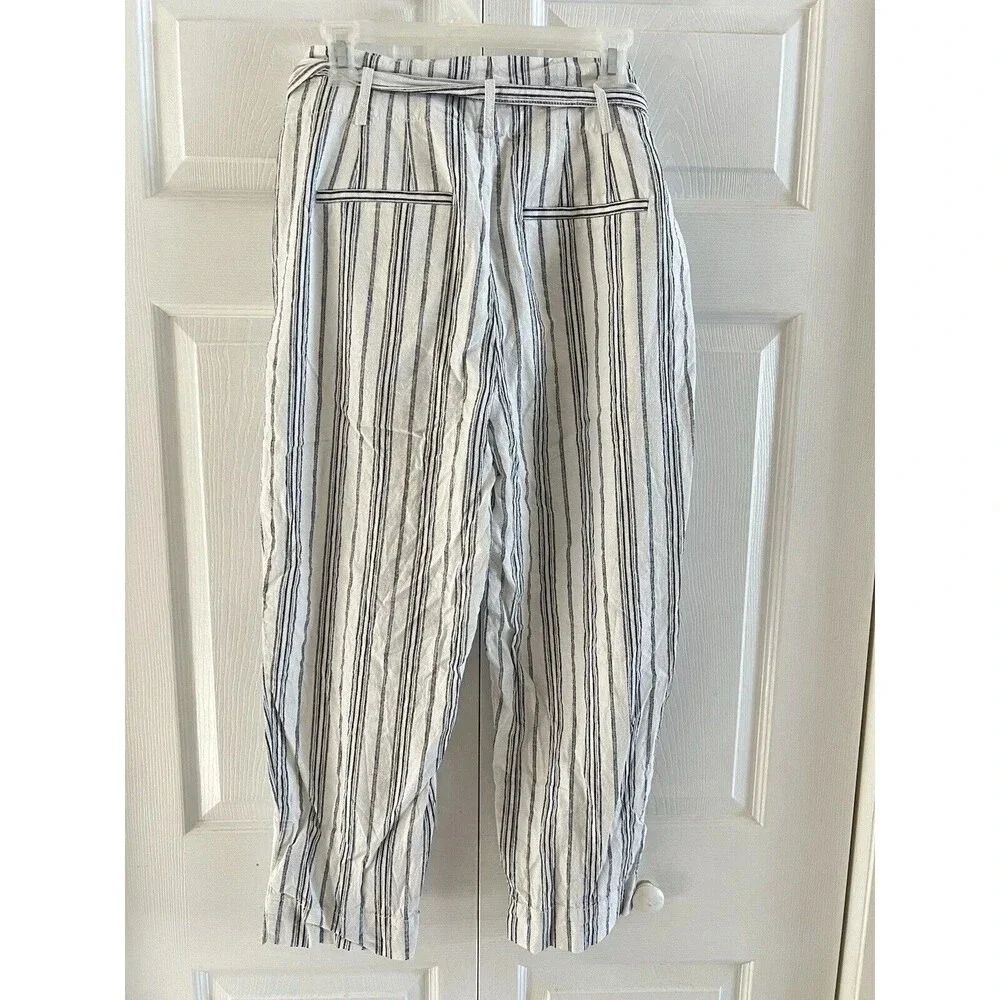 Madewell Linen-Cotton Paperbag Pants Size 10 in Dark Baltic Stripe‎